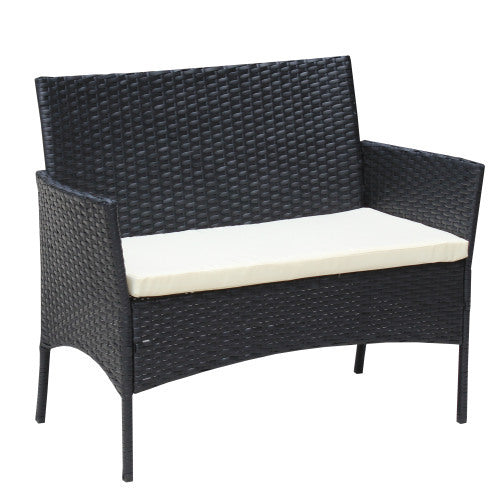 4 PC Rattan Patio Furniture Set – Black Wicker with Beige Cushions