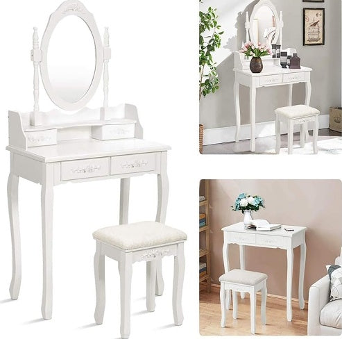 Vanity Table Set with 4 Drawers, Cushioned Stool & Oval Mirror – Elegant Makeup Dressing Table for Girls & Women Bedroom, Jasmine White