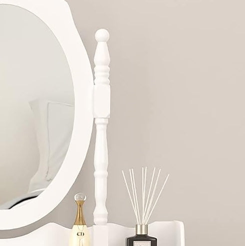 Vanity Table Set with 4 Drawers, Cushioned Stool & Oval Mirror – Elegant Makeup Dressing Table for Girls & Women Bedroom, Jasmine White