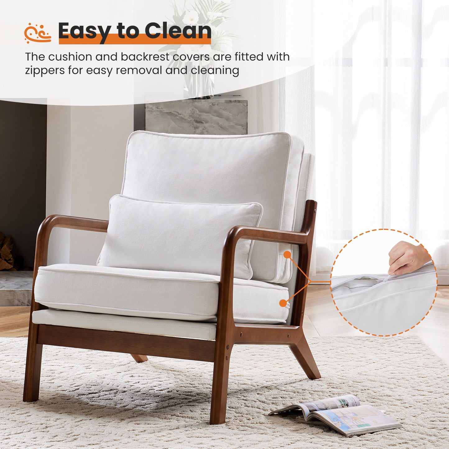 Mid-Century Modern Accent Chair with Lumbar Pillow – Solid Wood Frame, Removable Cushion Covers, Ergonomic Lounge Chair for Living Room, Bedroom, Office – Beige