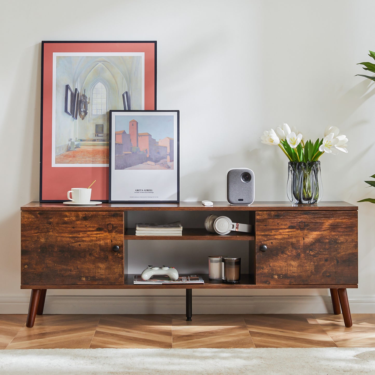Modern Panel TV Cabinet – Adjustable Shelves & Cable Management, Fits 55"–60" TVs, Rust Finish Entertainment Stand