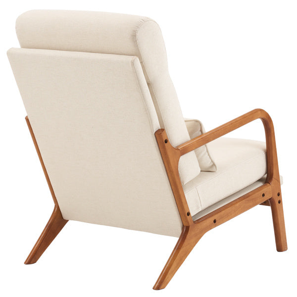 Mid-Century Modern Indoor Lounge Chair – Off-White Linen Armchair with Solid Wood Frame and Iron Accents