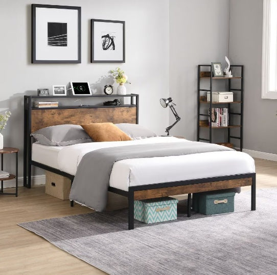 Queen Size Metal Platform Bed Frame with Wooden Headboard, Footboard & USB Charging Ports – Industrial Style, Noise-Free, Under-Bed Storage – Black + Brown