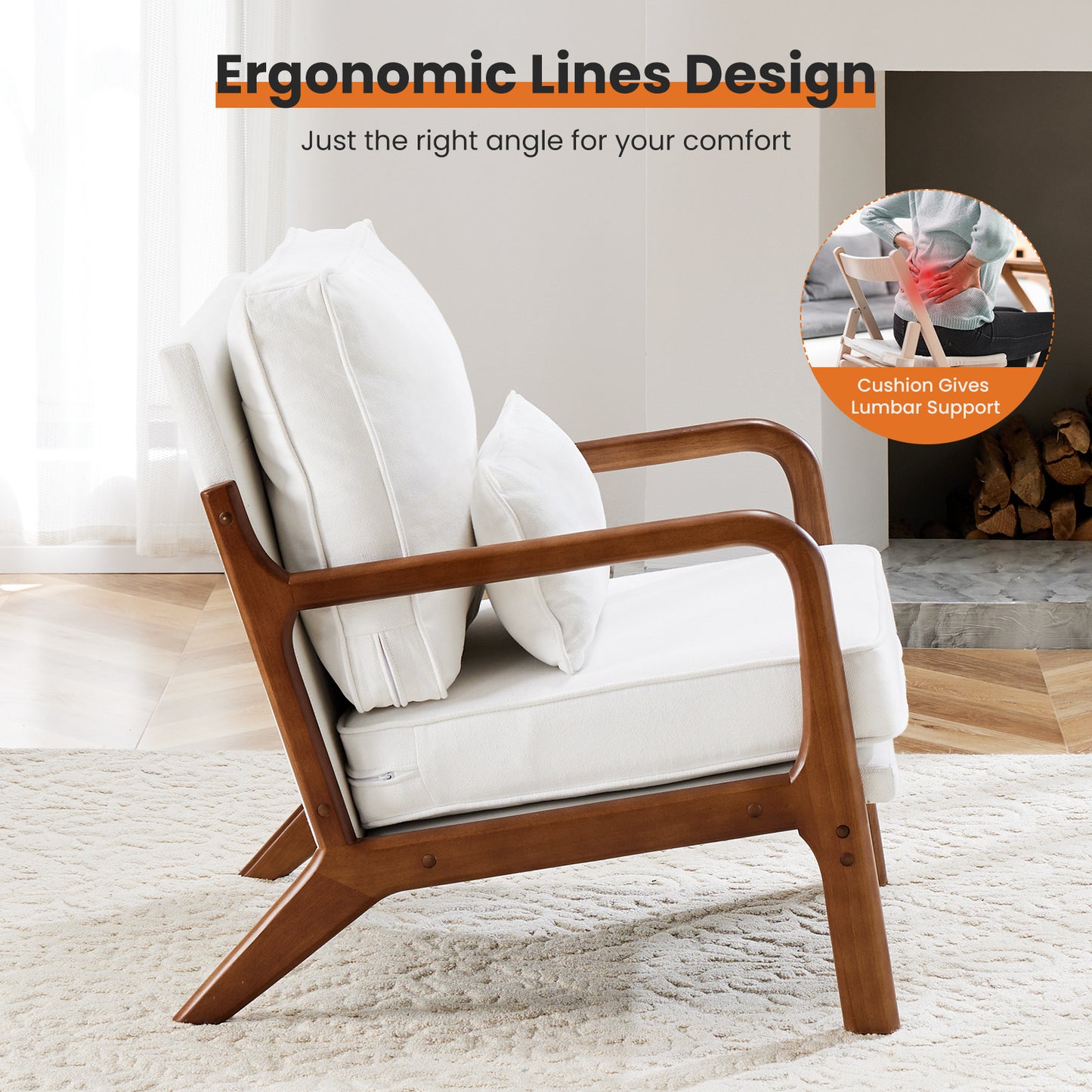 Mid-Century Modern Accent Chair with Lumbar Pillow – Solid Wood Frame, Removable Cushion Covers, Ergonomic Lounge Chair for Living Room, Bedroom, Office – Beige