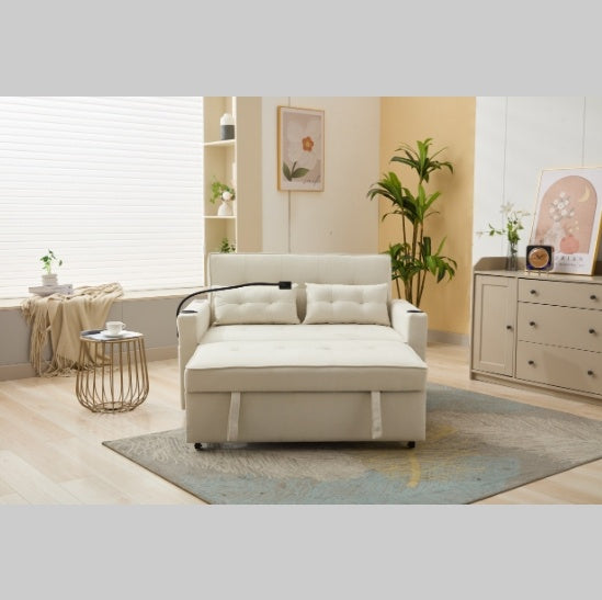 Futon Chair Bed – 3-in-1 Convertible Sleeper with USB Ports, Cup Holders & Storage Pockets – White, Wear-Resistant Leather