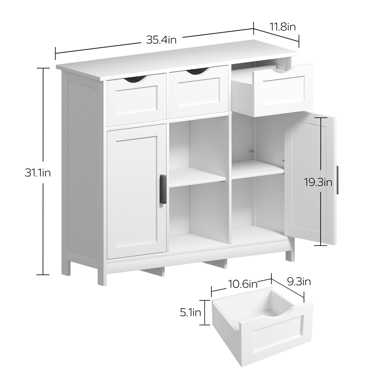 Modern White Storage Cabinet with Adjustable Shelves and Drawers