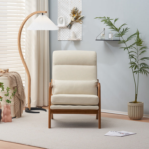 Mid-Century Modern Indoor Lounge Chair – Off-White Linen Armchair with Solid Wood Frame and Iron Accents