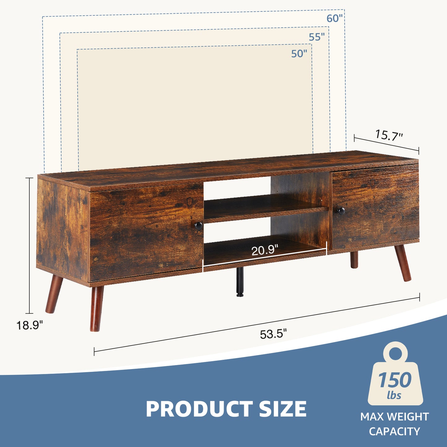 Modern Panel TV Cabinet – Adjustable Shelves & Cable Management, Fits 55"–60" TVs, Rust Finish Entertainment Stand