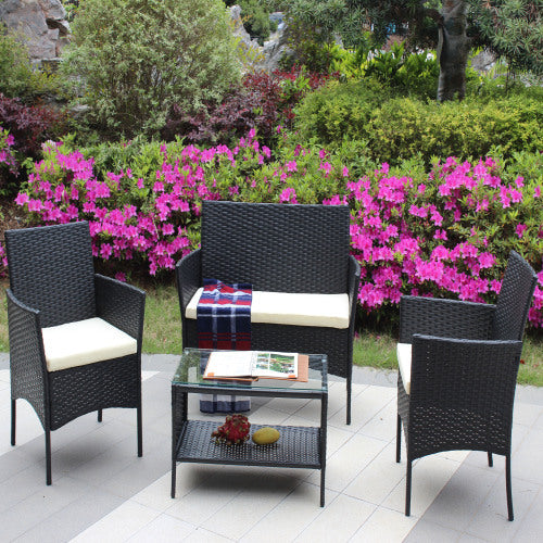 4 PC Rattan Patio Furniture Set – Black Wicker with Beige Cushions