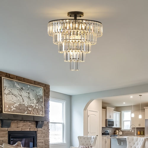 Large Black Crystal Chandelier – Luxury 5-Tier Design | Modern Lighting for Dining Room, Bedroom, or Living Room