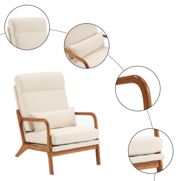 Mid-Century Modern Indoor Lounge Chair – Off-White Linen Armchair with Solid Wood Frame and Iron Accents