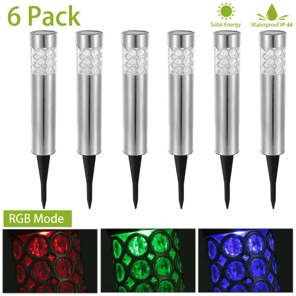 6-Pack Outdoor Solar RGB Garden Lights – Stainless Steel, IP44 Waterproof, Color-Changing Lawn and Landscape Lights
