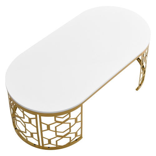Modern Oval Coffee Table – White Gloss Top with Gold Metal Frame for Living Room