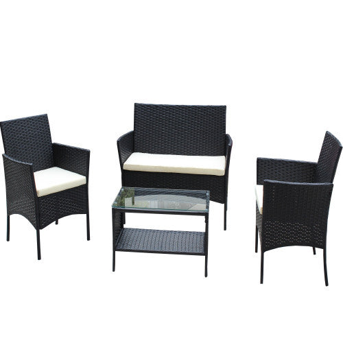 4 PC Rattan Patio Furniture Set – Black Wicker with Beige Cushions