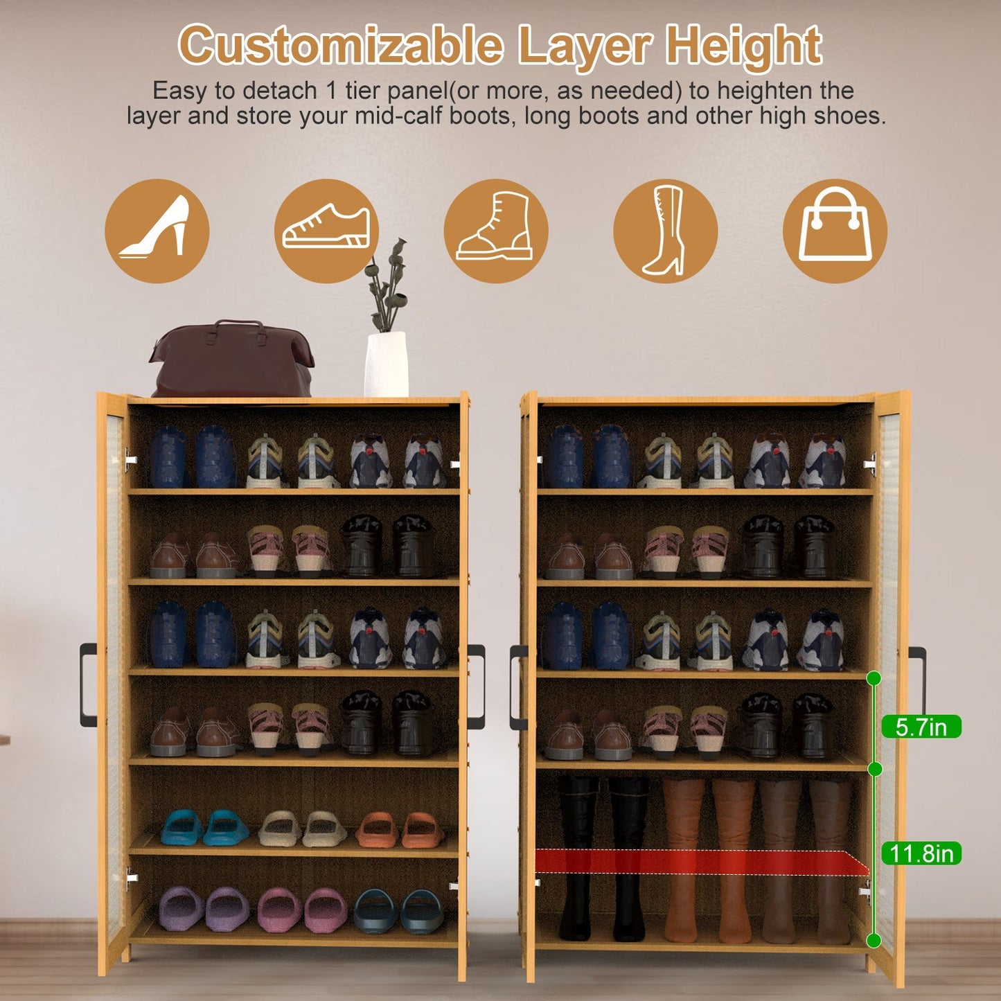 6-Tier Bamboo Shoe Cabinet with Doors – Natural Eco-Friendly Organizer