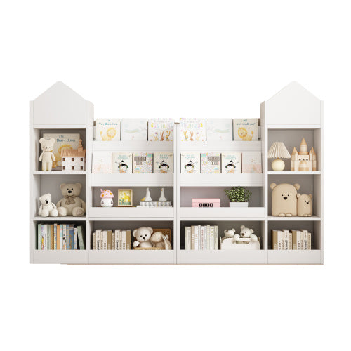 White Wooden Toy Storage Organizer Cabinet – 4-Tier Sling Bookshelf for Kids, Toddlers, Nursery & Playroom