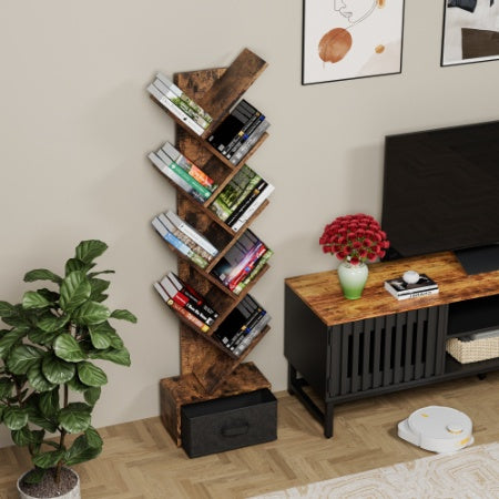 9-Tier Tree Bookshelf with Drawer – Deep Rustic Brown