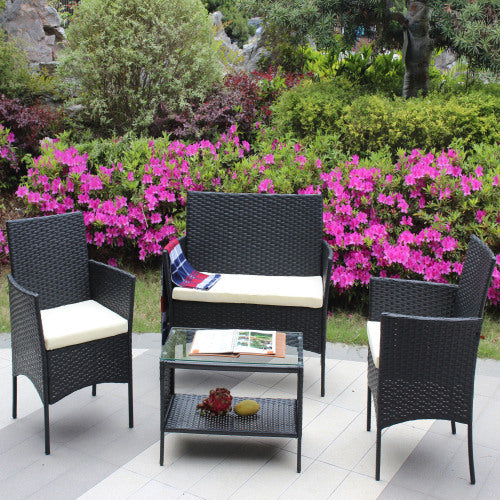 4 PC Rattan Patio Furniture Set – Black Wicker with Beige Cushions