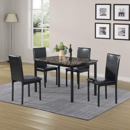5-Piece Metal Dining Table and Chair Set with Imitation Marble Top – Black:
