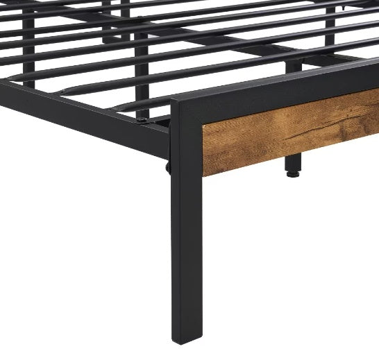 Queen Size Metal Platform Bed Frame with Wooden Headboard, Footboard & USB Charging Ports – Industrial Style, Noise-Free, Under-Bed Storage – Black + Brown