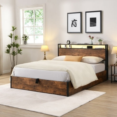 Full Size Lift-Up Platform Bed with LED Headboard, USB Charging, & Hidden Storage – Rustic Brown