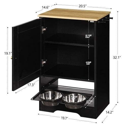 Elevated Pet Feeding Station with Storage Cabinet – Hidden Pull-Out Dog Bowls, Side Hooks, Anti-Tip Kit, Black + Vintage Finish