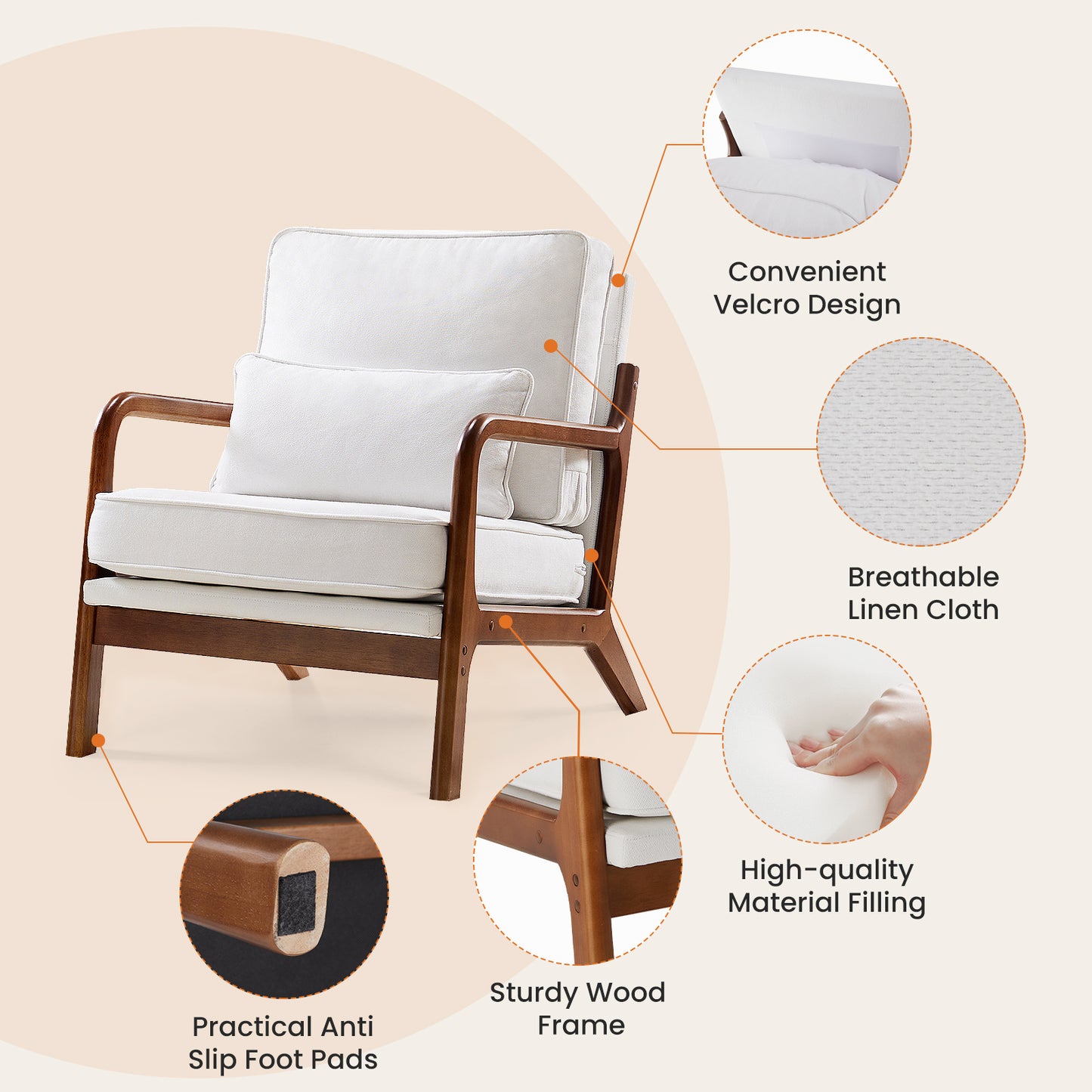 Mid-Century Modern Accent Chair with Lumbar Pillow – Solid Wood Frame, Removable Cushion Covers, Ergonomic Lounge Chair for Living Room, Bedroom, Office – Beige