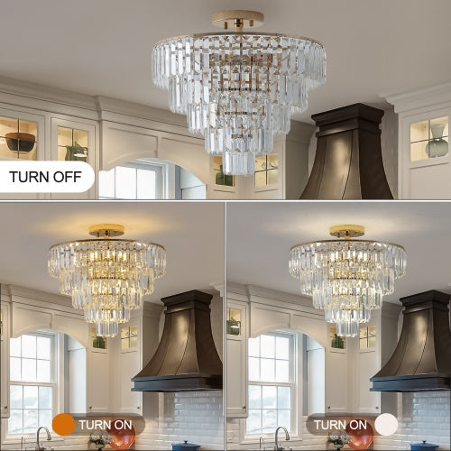 Golden Crystal Chandelier – 5-Layer Round Semi-Recessed Modern Luxury Ceiling Light