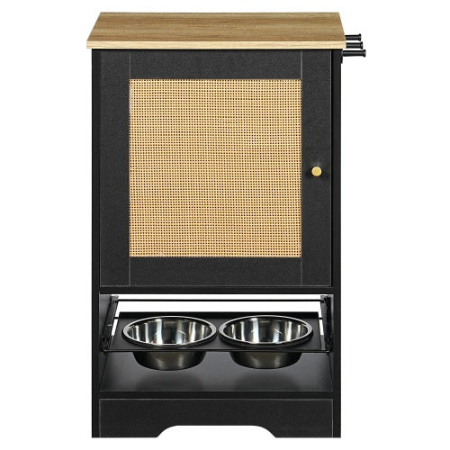 Elevated Pet Feeding Station with Storage Cabinet – Hidden Pull-Out Dog Bowls, Side Hooks, Anti-Tip Kit, Black + Vintage Finish