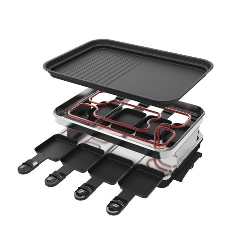 8-Person Raclette Grill – Non-Stick Coated Grill Plate, 8 Mini Pans, Adjustable Temperature Control, 1500W Party Grill