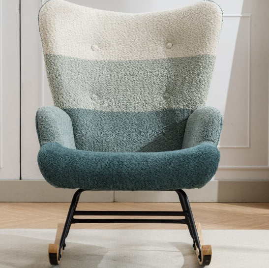 Modern Rocking Armchair with Solid Wood Armrests and Teddy Bear Upholstery for Living Room and Bedroom (Green + Dark Green)