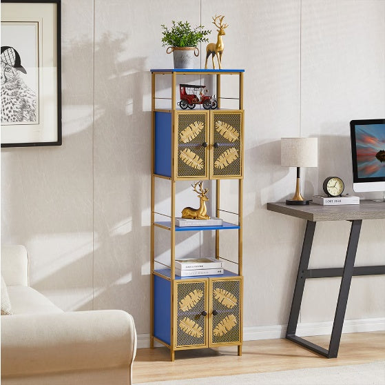 Freestanding Tall Cabinet – Narrow Metal Locker with Open Compartment & Doors (Orange + Gold, 58.8")