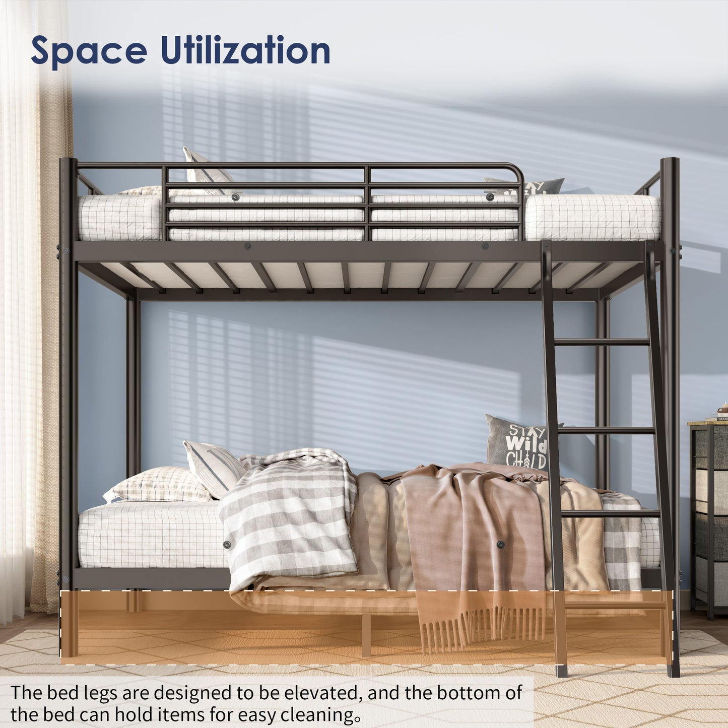 Twin Over Twin Metal Loft Bunk Bed with Ladder & Guardrails – Space-Saving Design for Bedrooms and Dorms