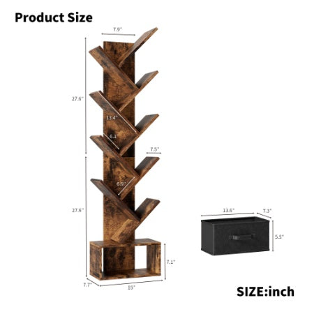 9-Tier Tree Bookshelf with Drawer – Deep Rustic Brown