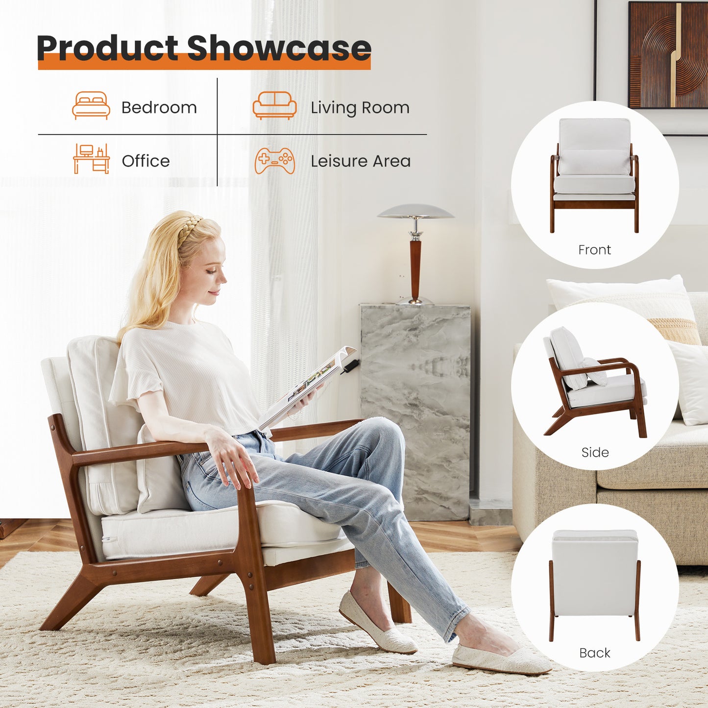 Mid-Century Modern Accent Chair with Lumbar Pillow – Solid Wood Frame, Removable Cushion Covers, Ergonomic Lounge Chair for Living Room, Bedroom, Office – Beige