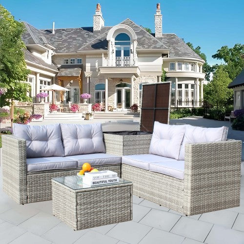 4 Piece Patio Sectional Wicker Rattan Outdoor Furniture Sofa Set with Storage Box (Grey)