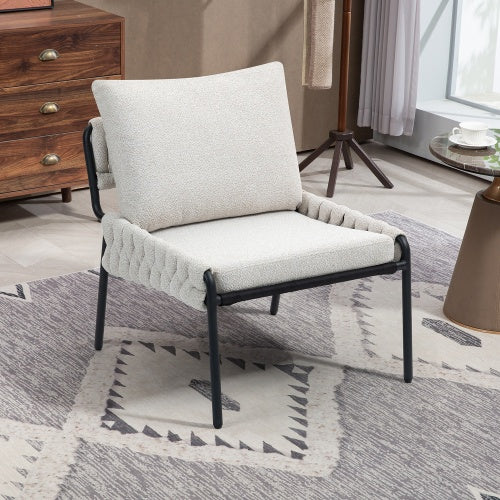 Modern Accent Lounge Chair with Braided Upholstery and Metal Frame – Soft Cushioned Armchair for Living Room, Bedroom, or Small Spaces – Beige