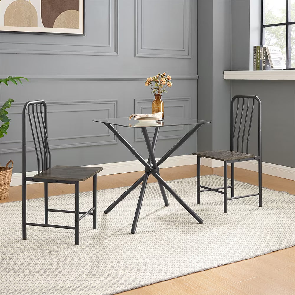 Dining Set for 2, Square Glass Tempered Dining Table with 4 Legs and 2 Metal Chairs, Black & Brown - Ideal for Home Office, Kitchen, or Dining Room