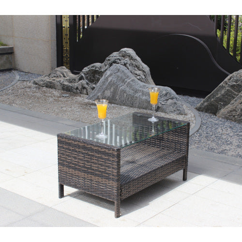 Outdoor Patio Coffee Table with Tempered Glass Top – Brown Wicker