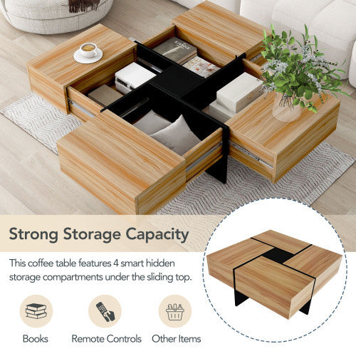 ON-TREND Unique Design Coffee Table with 4 Hidden Storage Compartments and Extendable Sliding Top, Modern Brown UV High-gloss Finish, 31.5" Square Cocktail Table for Living Room