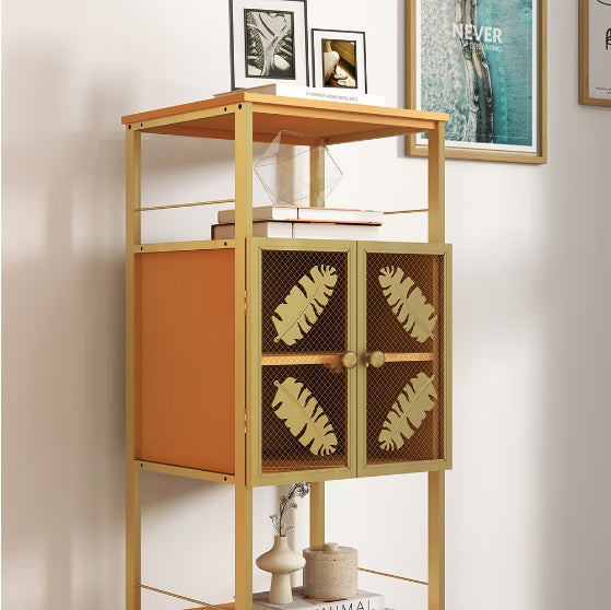 Freestanding Tall Cabinet – Narrow Metal Locker with Open Compartment & Doors (Orange + Gold, 58.8")