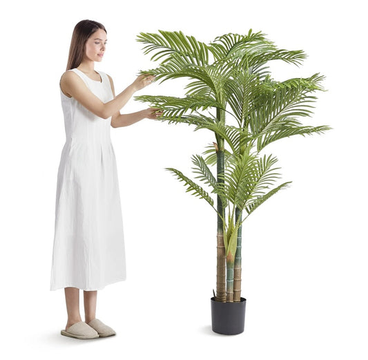 6.5 FT Artificial Gold Cane Palm Tree – Lifelike Indoor/Outdoor Faux Plant with Anti-Tip Base & Realistic Green Leaves