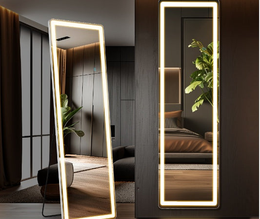 3-Color Lighting Mirror With LED Lights – 64" x 21" Full-Length Modern Standing or Wall-Mounted Mirror