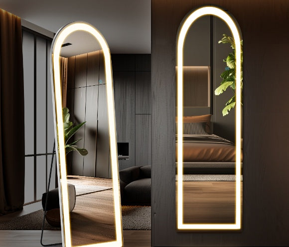 3-Color Lighting Mirror With LED Lights – 64" x 21" Full-Length Modern Standing or Wall-Mounted Mirror