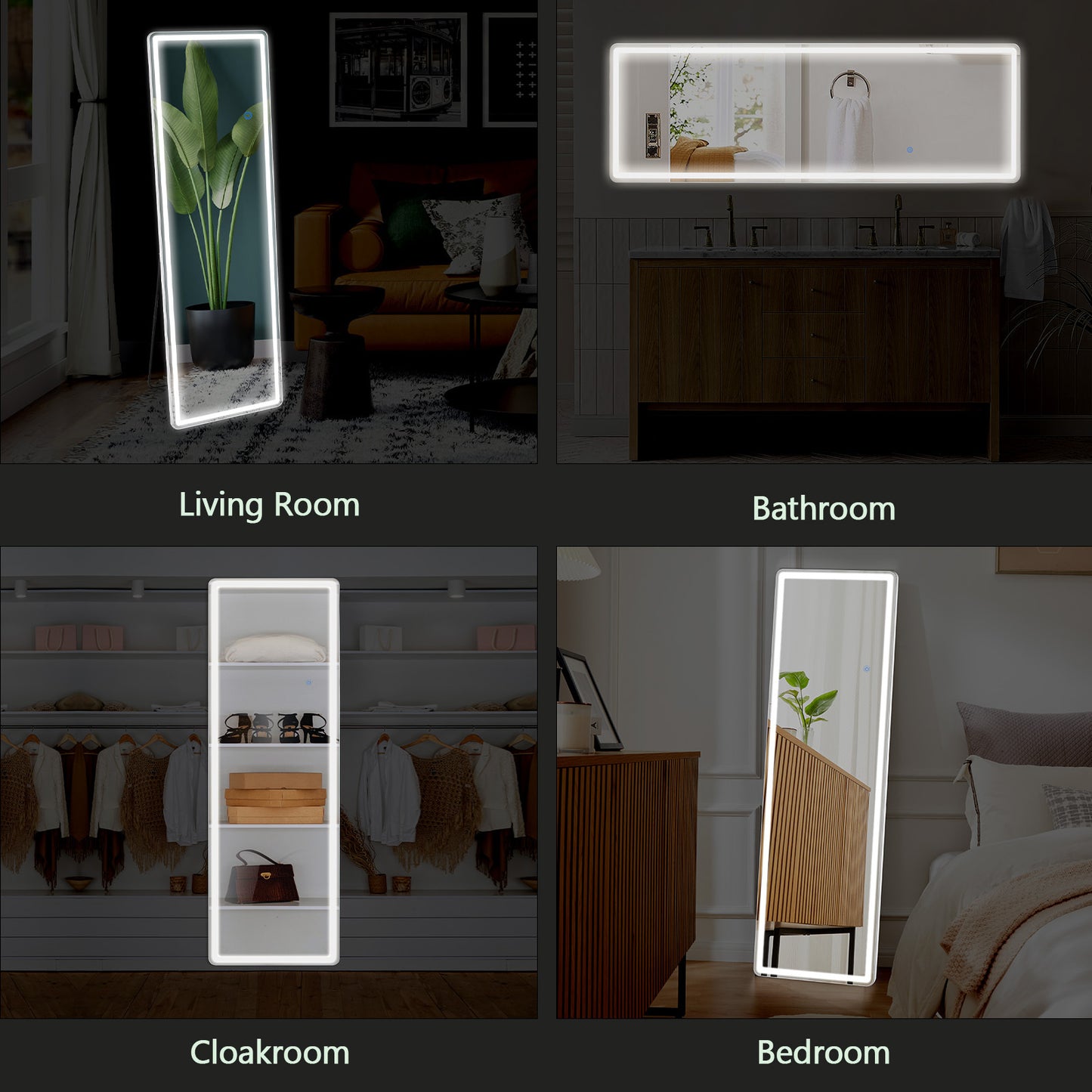 3-Color Lighting Mirror With LED Lights – 64" x 21" Full-Length Modern Standing or Wall-Mounted Mirror