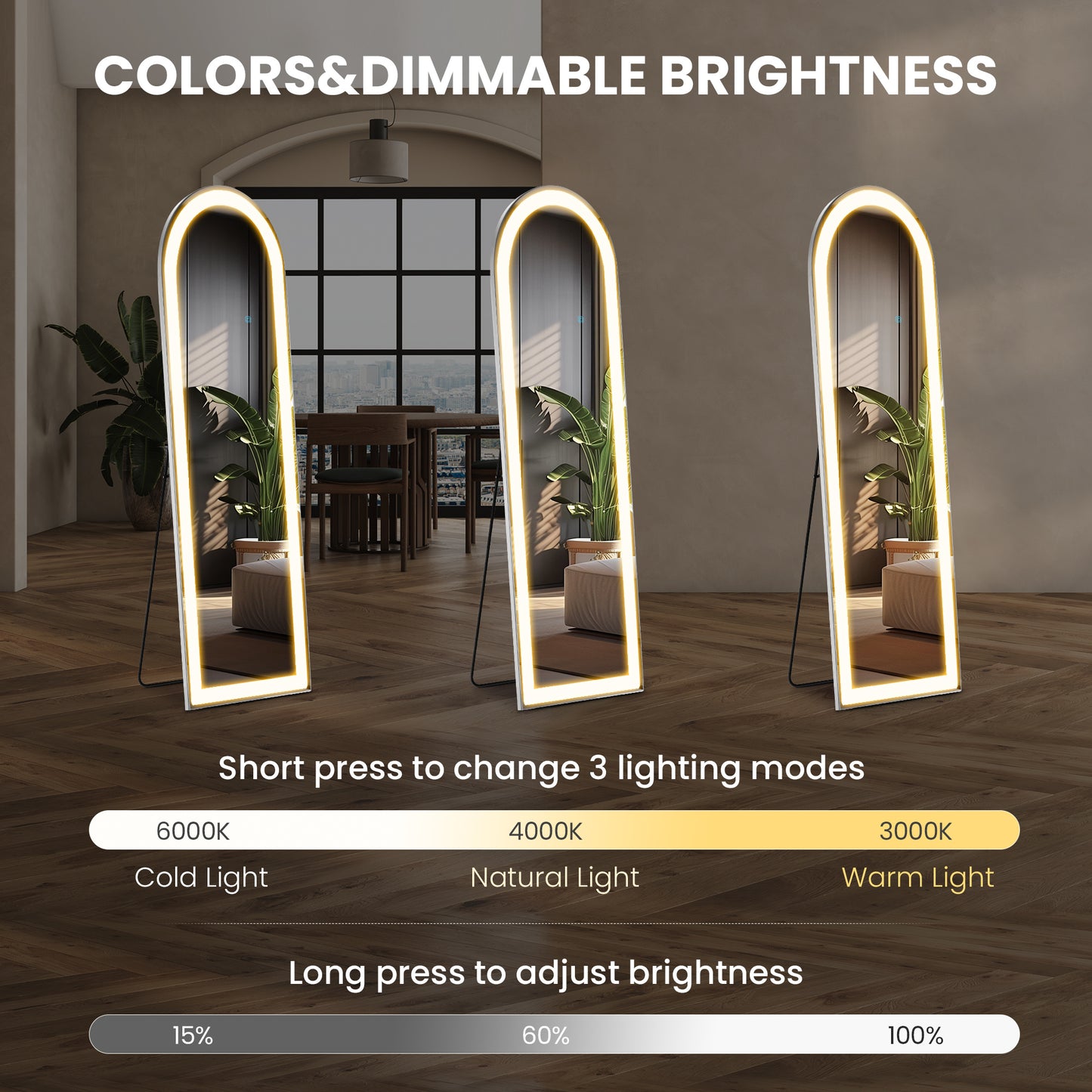 3-Color Lighting Mirror With LED Lights – 64" x 21" Full-Length Modern Standing or Wall-Mounted Mirror