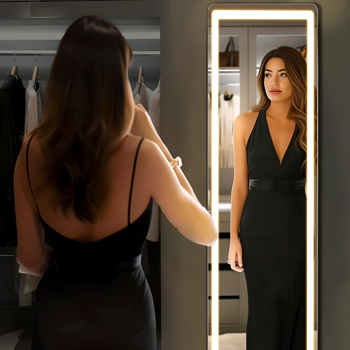 3-Color Lighting Mirror With LED Lights – 64" x 21" Full-Length Modern Standing or Wall-Mounted Mirror