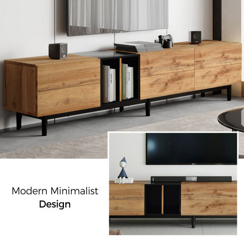 Modern TV Stand for 80-Inch TVs – Natural Wood Media Console with 3 Doors & Spacious Storage