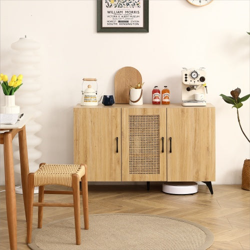 Natural Rattan Mesh Three-Door Storage Cabinet – Large Capacity Organizer for Living Room, Dining Room, or Kitchen (45.3")