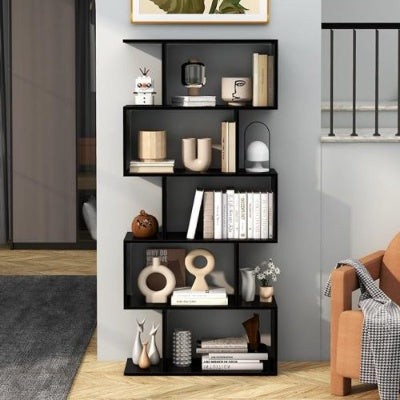 Five-Layer Modern Bookshelf – Black Engineered Wood Storage Rack